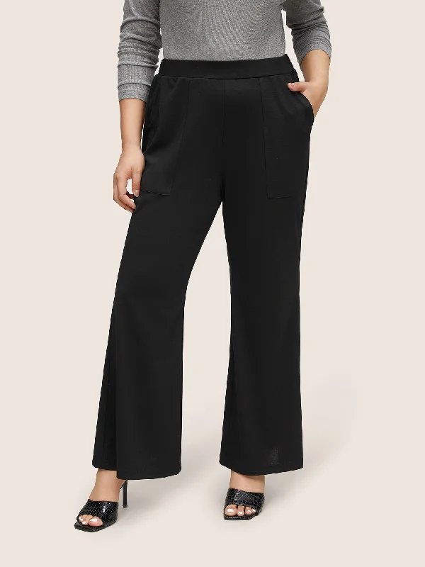 women's mid-rise pantsSolid Elastic Waist Pocket Flare Leg Pants