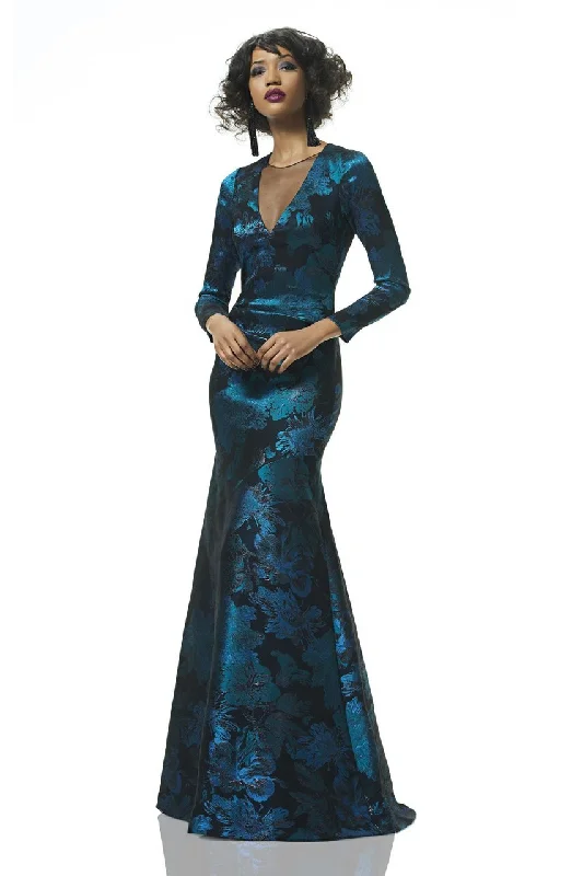 Formal Dress for Cocktail PartiesTheia - 882988SC Floral Jacquard Sheer V-Neck Long Gown