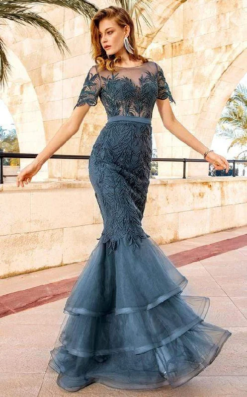 Formal Dress for Humanitarian AwardsMNM COUTURE - F00520 Short Sleeves Embroidered Long Gown