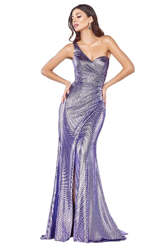 Formal Dress for Resort EventsCinderella Divine - KC894 One Shoulder Plaid Shiny Gown