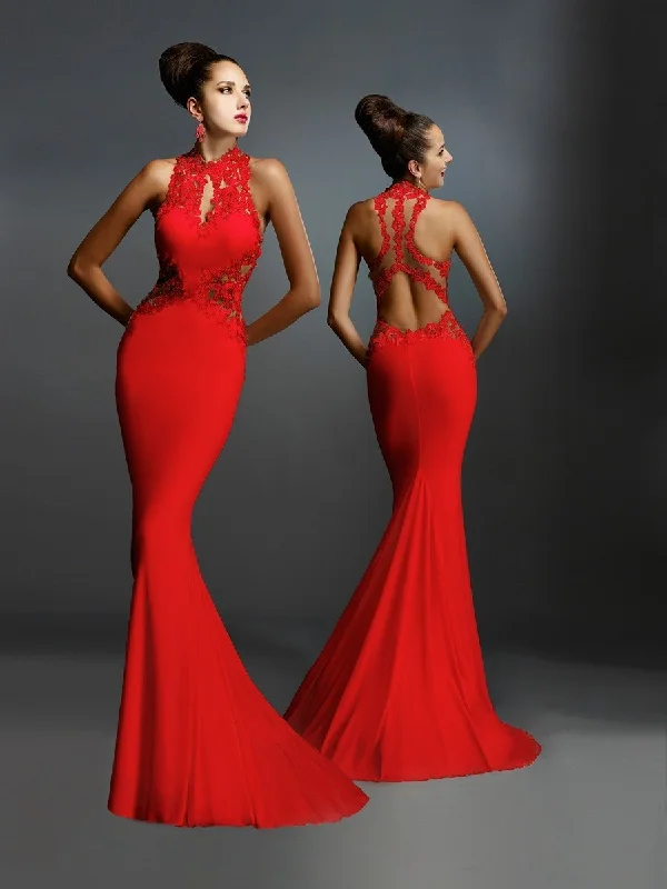 Formal Dress for Film PremieresJanique - W974SC Embroidered Halter Mermaid Gown In Red