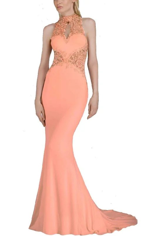 Formal Dress for Theater OpeningsJanique - W974SC Embroidered Halter Mermaid Gown in Peach