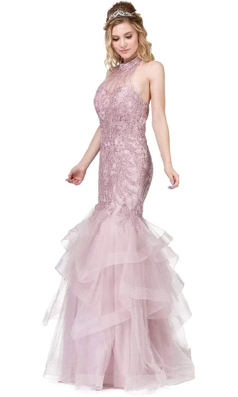 Formal Dress for PageantsDancing Queen - Sleeveless Halter Applique Tiered Long Gown 2447SC