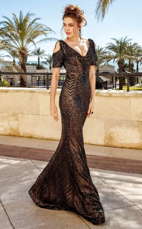 Formal Dress for Humanitarian AwardsMNM COUTURE - F00530 Short Sleeve Sequin Fringed Long Gown