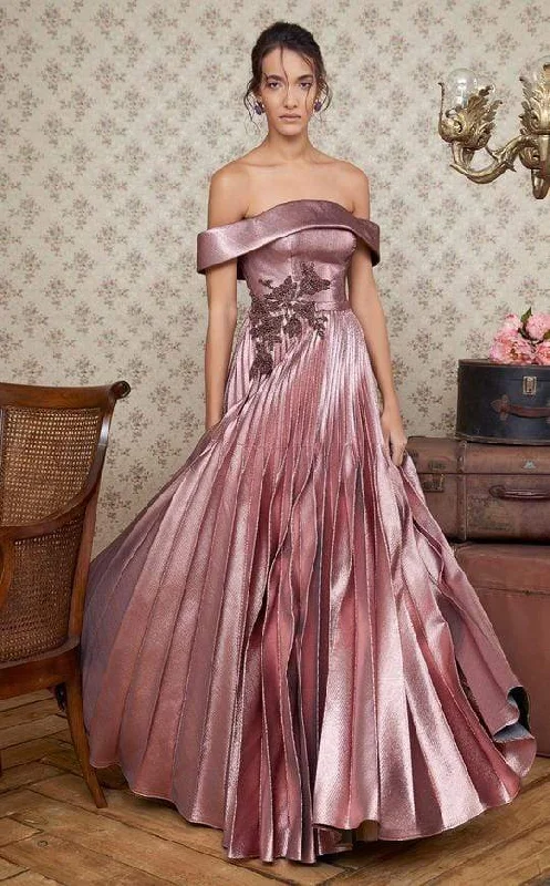 Formal Dress for International EventsMNM COUTURE - N0351 Foldover Off Shoulder Metallic Gown