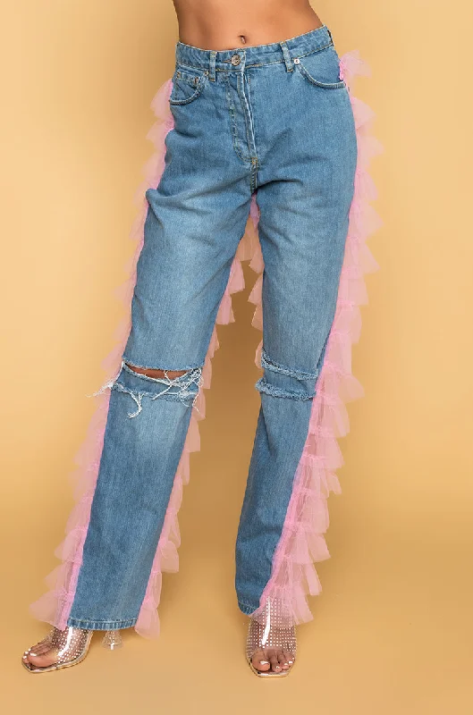 women's petite pantsPRETTY LADY DENIM JEANS WITH BACK RUFFLE TULLE TRIM LIGHT PINK