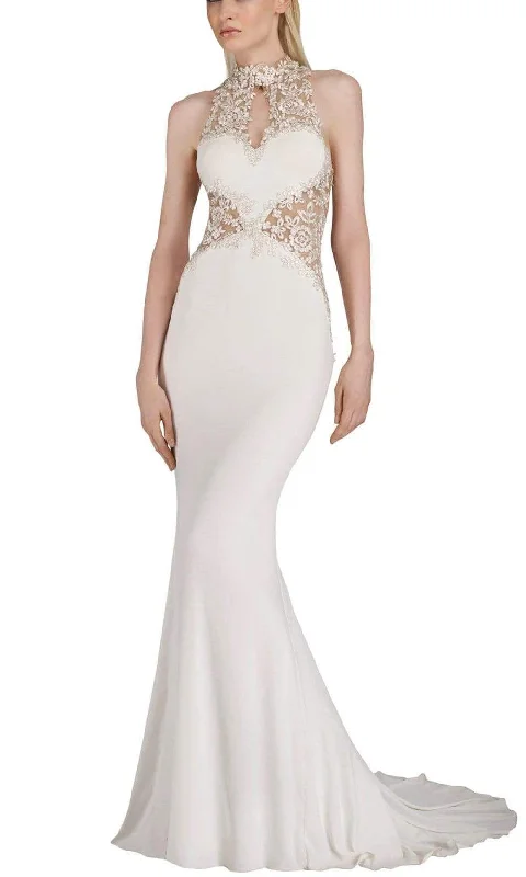 Formal Dress for Opera NightsJanique - W974SC Embroidered Halter Mermaid Gown in Ivory