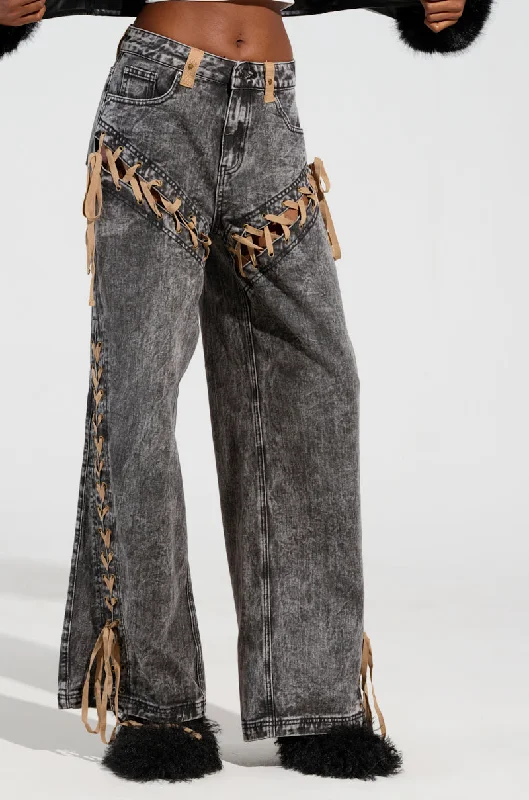 women's satin pantsLACED WITH STYLE LACE UP DENIM JEANS