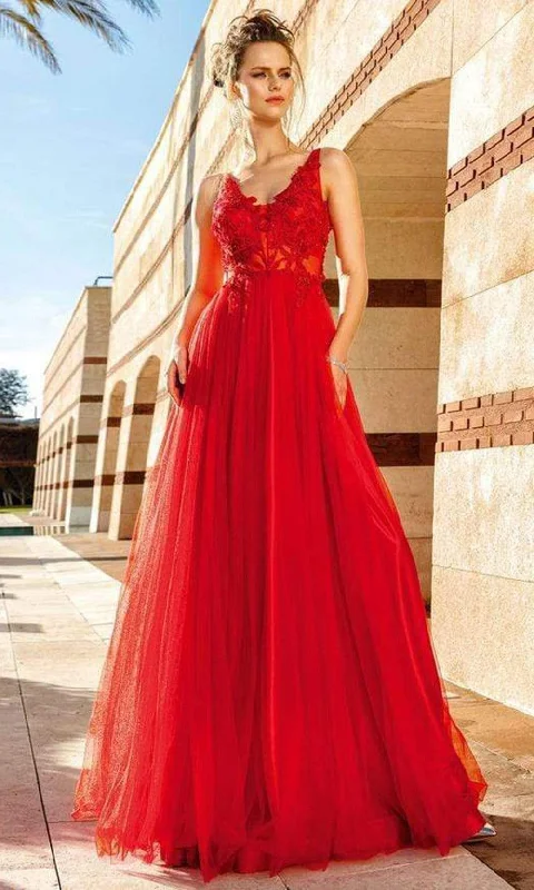 Formal Dress for Outdoor WeddingsMNM COUTURE - F4884 Sleeveless V-Neck Embroidered Gown