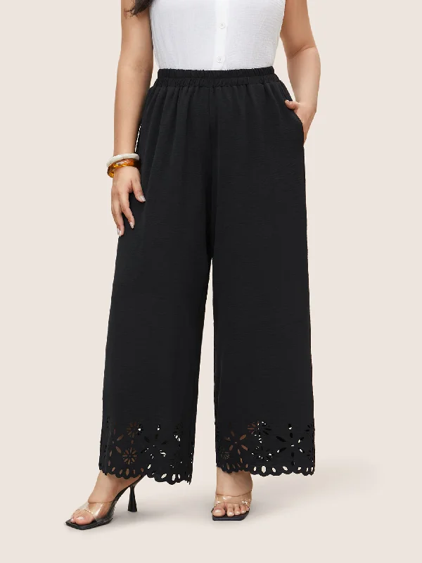 women's low-rise pantsLaser Cut Elastic Waist Wide Leg Pants