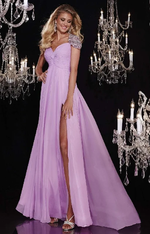 Formal Dress for Golden GlobesPanoply - 14763SC Beaded Sleeve Ruched Slit A-line Gown