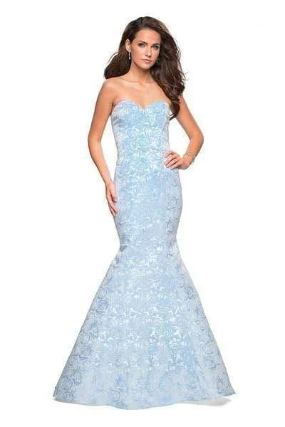 Formal Dress for Awards CeremoniesLa Femme - Sweetheart Floral Jacquard Trumpet Gown 26975 - 1 pc Light Blue In Size 16 Available