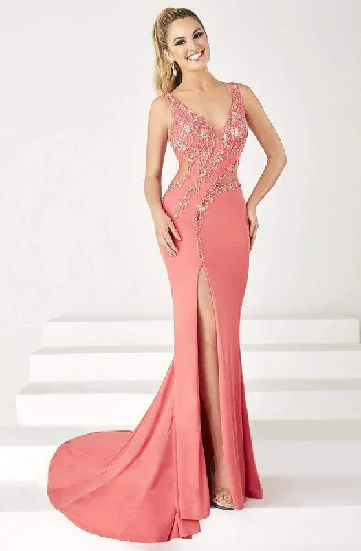 Formal Dress for New Year's EveTiffany Designs - 16195SC V Neck Crepe Slit Gown