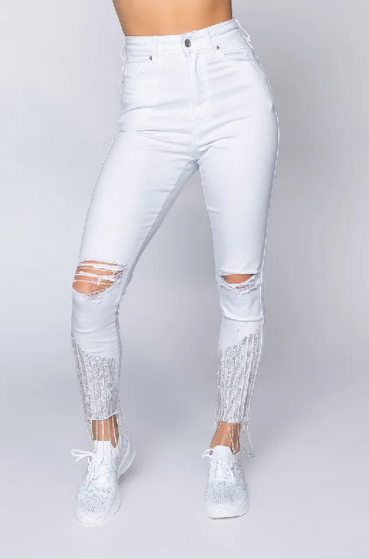 women's plus-size pantsTOO GOOD HIGH WAISTED RHINESTONE FRINGE SKINNY JEANS WHITE