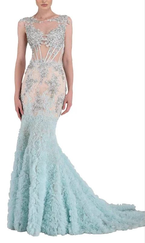 Formal Dress for Art GalleriesJanique - 1514SC Bateau Sheer Lace Ruffled Mermaid Gown