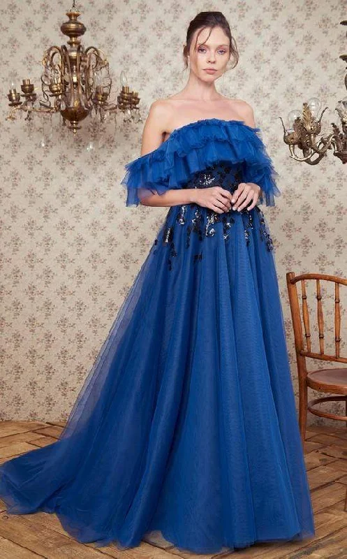 Formal Dress for Bohemian ThemesMNM COUTURE - N0360 Foldover Tiered Off Shoulder Long Gown