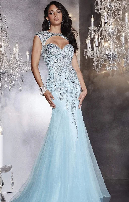 Formal Dress for Academic AwardsPanoply - 14766SC Cap Sleeves Front Cutout Trumpet Gown