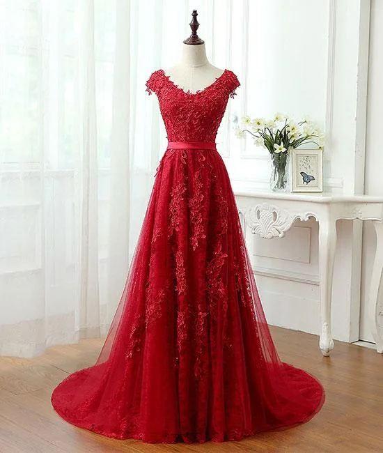 maximalist party dressesBurgundy tulle lace applique long prom dress, burgundy evening dress M4842