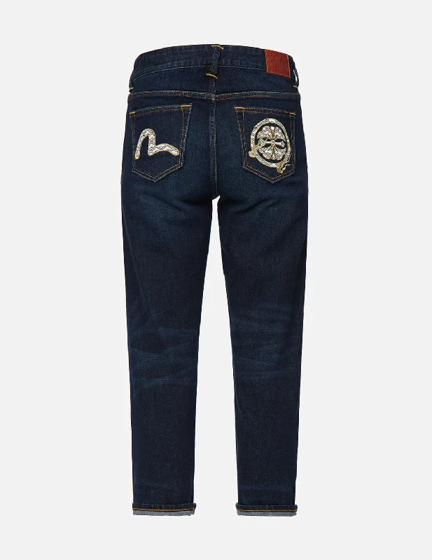 women's denim jeans with leather patchesKamon and Seagull Embroidered Straight Leg Jeans