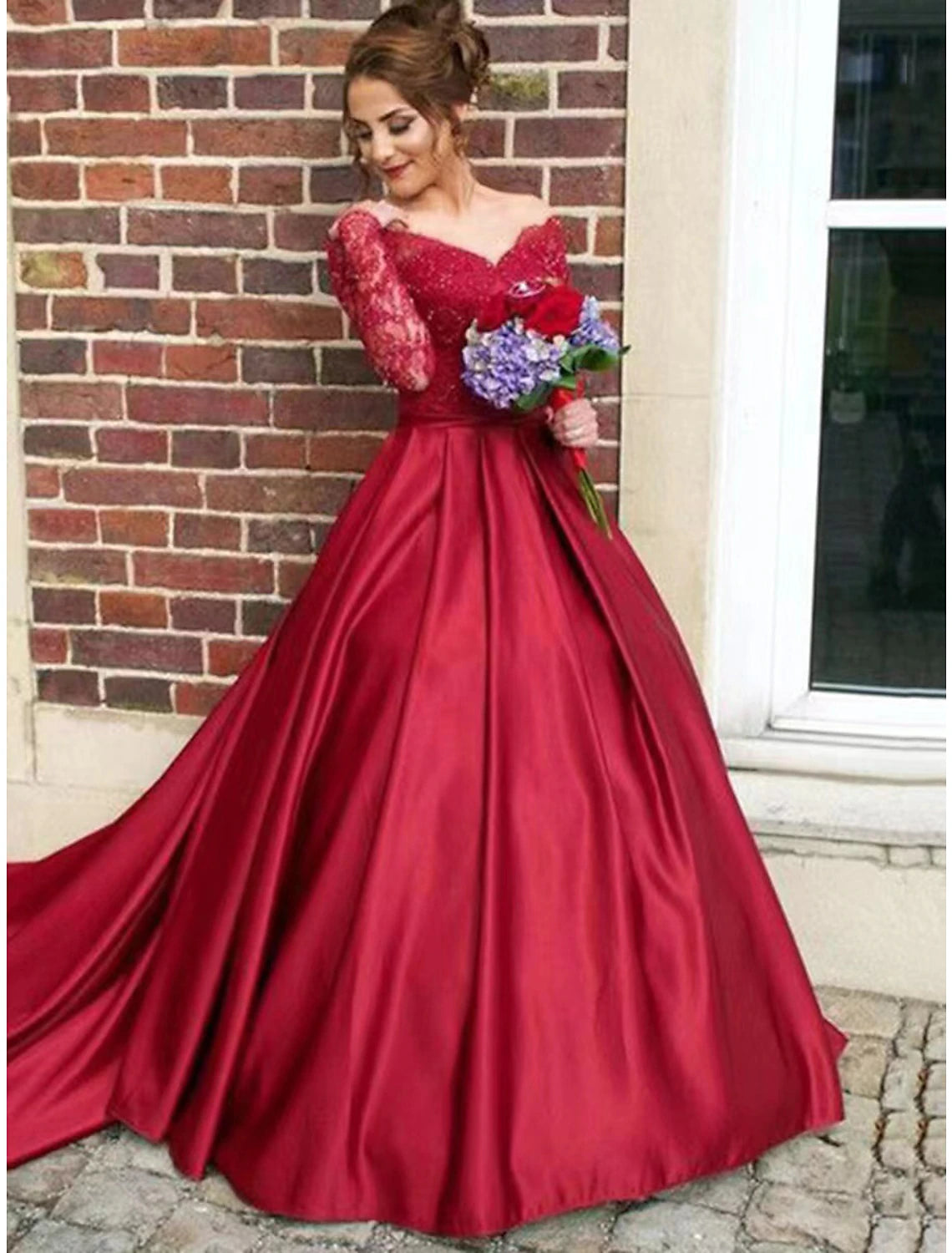 high-low party dressesA-Line Evening Gown Floral Dress Sweet 16 Chapel Train Long Sleeve V Neck Satin with Appliques