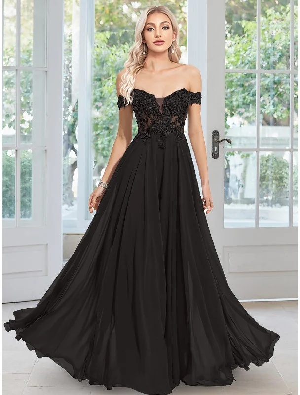 velvet party dressesA-Line Evening Gown Floral Dress Prom Floor Length Sleeveless Off Shoulder Chiffon with Appliques