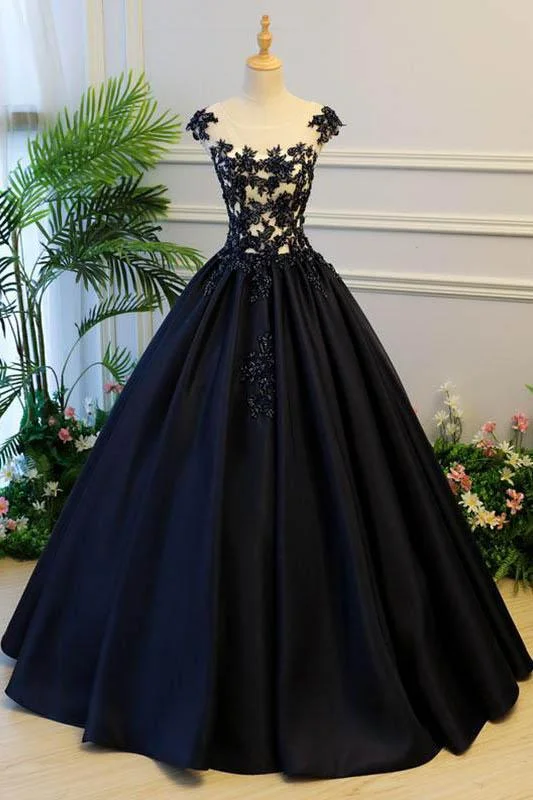 lightweight party dressesGenerous Princess Cap Sleeves Scoop Black Applique Satin Long Prom/Evening Dress M1206