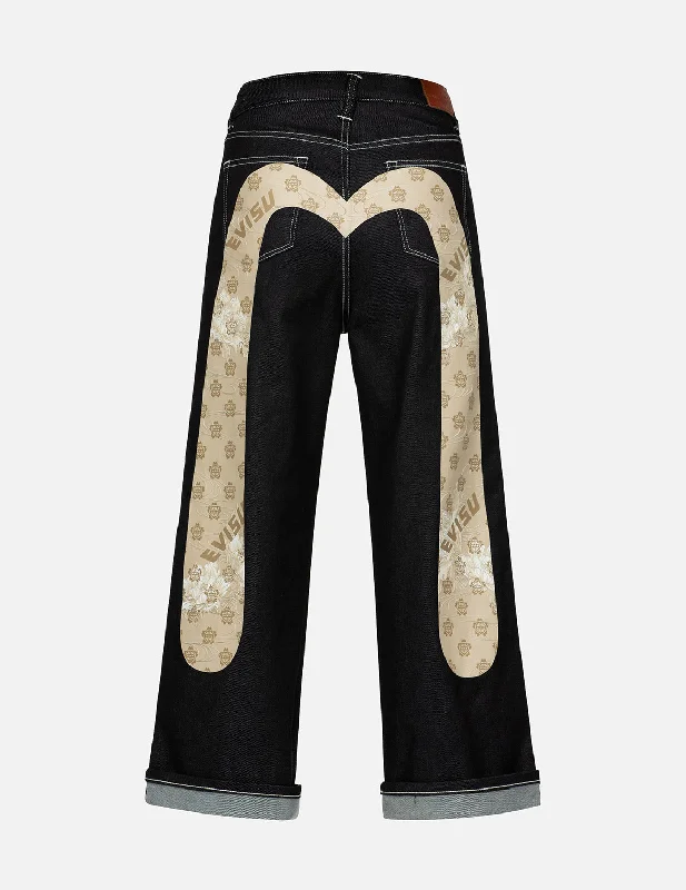 women's denim jeans with buttonsKamon Jacquard Daicock Print Wide Leg Jeans