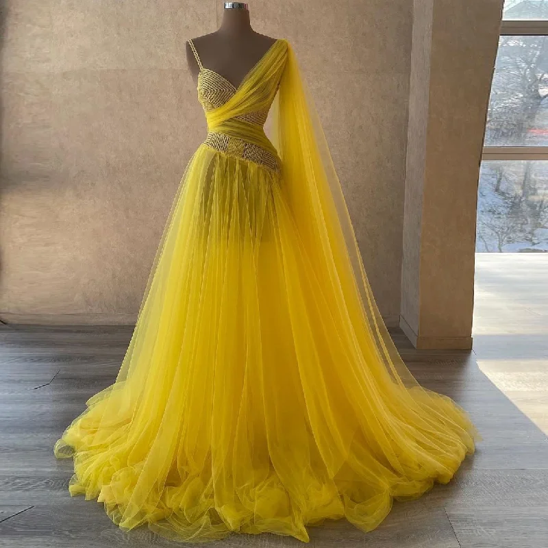 cocktail party dressesV-neck Prom Dress A-line Tulle Dress Layered Prom Dress Long Sleeve Evening Dresses Yellow Pageant Dress Plus Size Dresses,MD7114