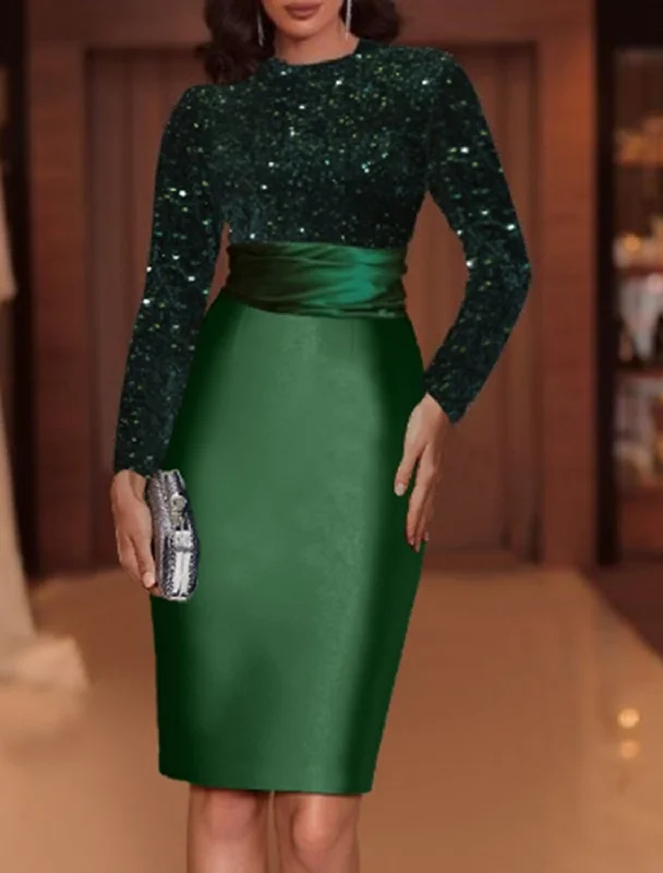 holiday party dressesSheath Evening Gown Elegant Dress Red Green Dress Knee Length Long Sleeve High Neck Satin with Sequin