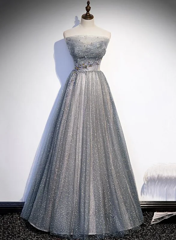 asymmetrical party dressesGray tulle beads long prom dress evening dress M2258