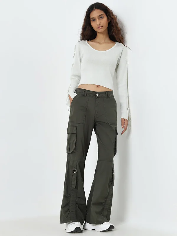 women's grey denim jeansNuon Olive Cargo-Style Relaxed - Fit High - Rise Jeans