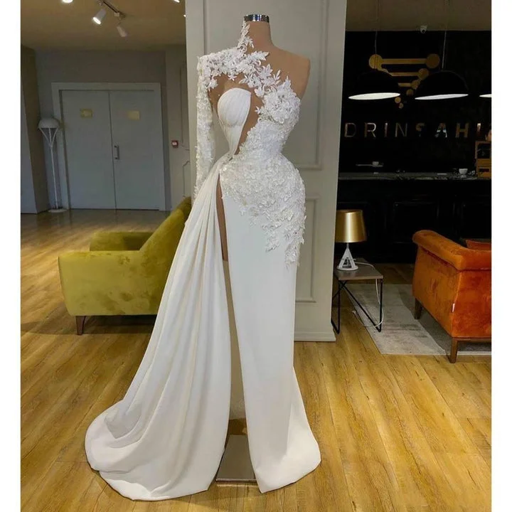 polyester party dressesExquisite Lace White Prom Dresses High Neck One Shoulder Long Sleeve Formal Evening Dress Side Split Robes De Mariée M5484