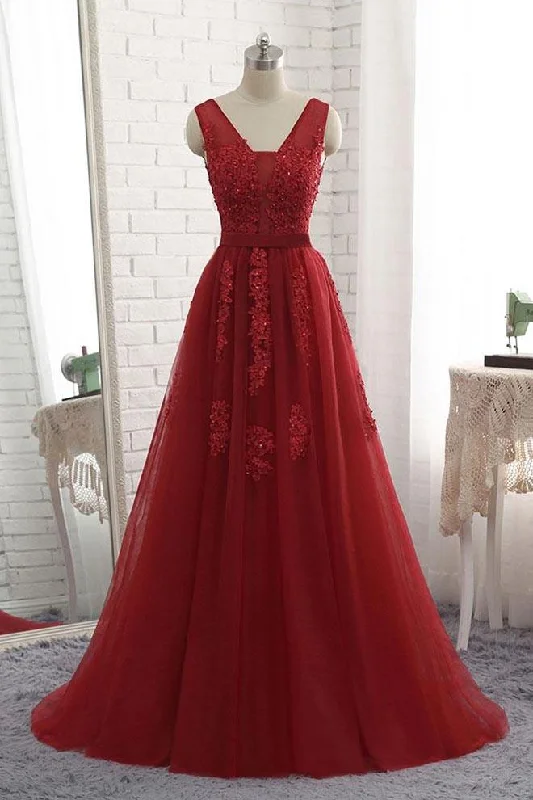 handmade party dressesCheap Floor Length Burgundy V Neck Evening Dress, Appliqued Long Tulle Prom Dress M1466