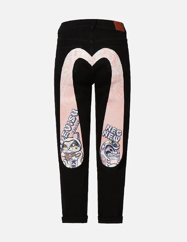 women's denim jeans with ripped kneesFortune Cat and Daruma Daicock Print Relax Fit Jeans