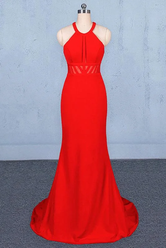 prom party dressesStylish Halter Mermaid Prom Dress, Red Mermaid Open Back Long Evening Dresses M1857