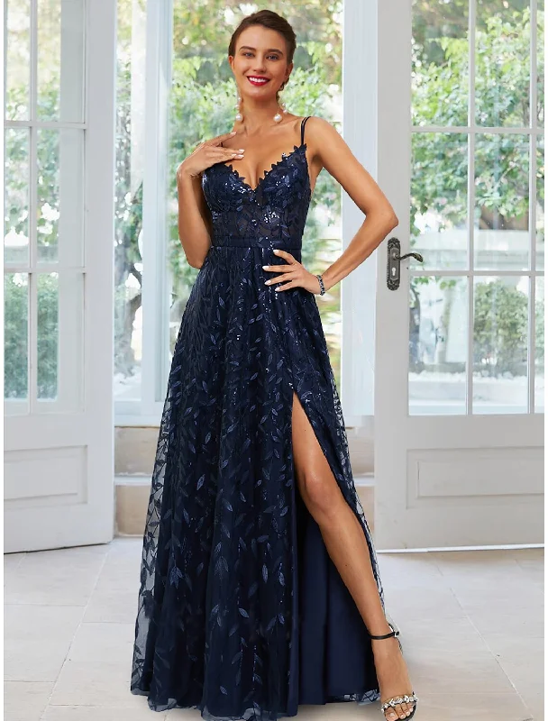 sequined party dressesA-Line Evening Gown Floral Dress Formal Floor Length Sleeveless Spaghetti Strap Satin with Slit Appliques