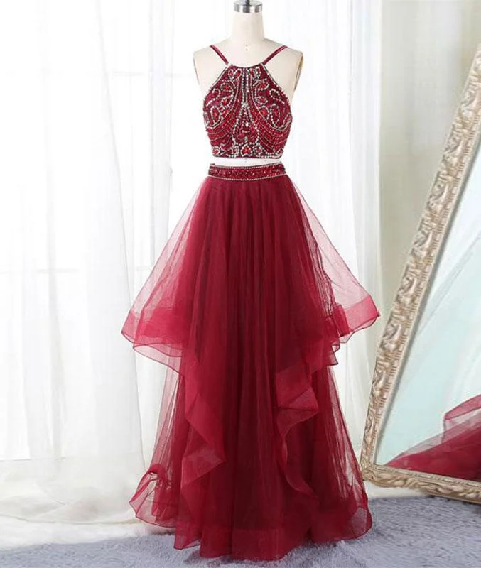 minimalist party dressesBurgundy two pieces beads long prom dress, burgundy evening dress M4850