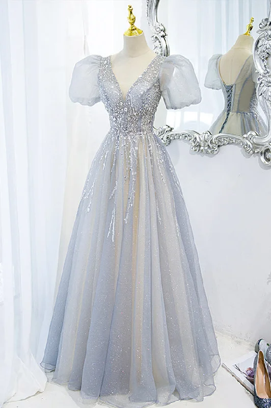 winter party dresses (with tights)Gray tulle beads long prom dress A line evening dress M5311