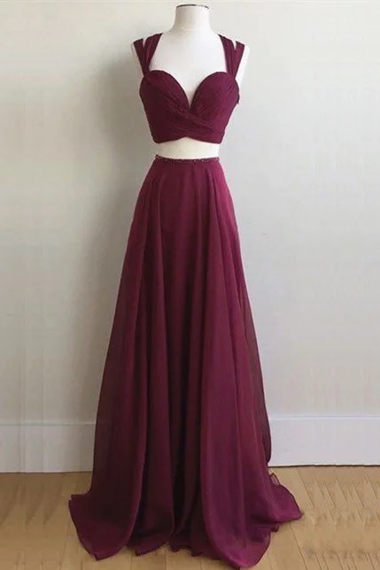 holiday party dressesElegant Two Piece Long Burgundy Chiffon Prom Dress Formal Evening Dress