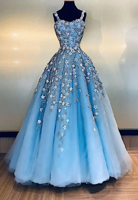 elegant party dressesBlue tulle appliqué long prom dress evening dress M862