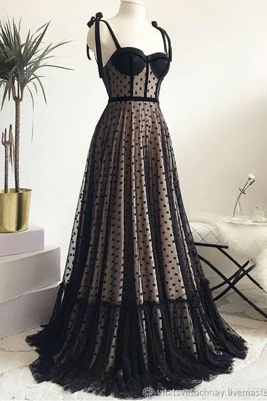 chiffon party dressesVintage Spaghetti Straps Black A Line Long Prom Dress Formal Evening Dresses M5491