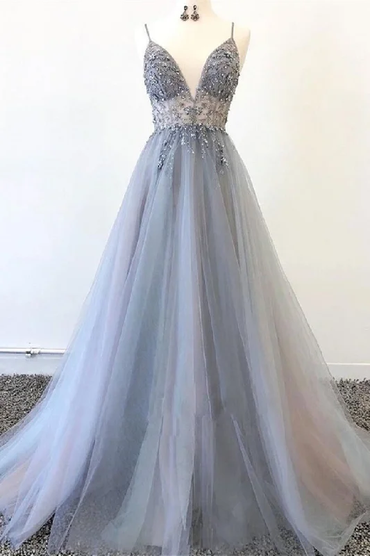 short party dressesA Line V Neck Grey Beaded Long Prom Dress with Split, Grey Beaded Formal Graduation Evening Dress M2869