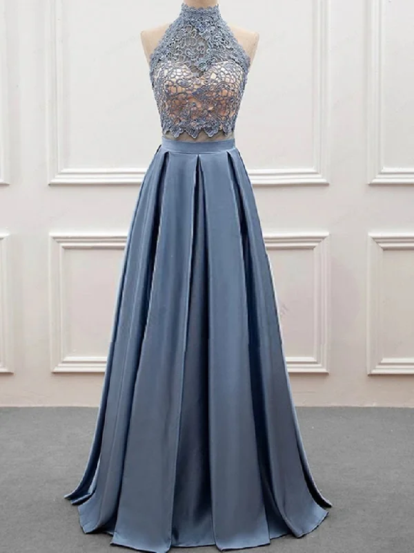 halter-neck party dresses2 Pieces High Neck Blue Lace Prom Dresses, Open Back Two Pieces Blue Lace Formal Evening Dresses M2571