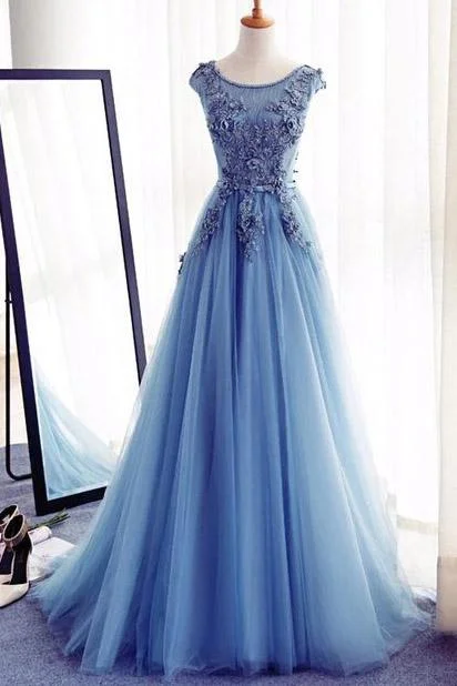 comfortable party dressesAppliques A-Line Sleeveless Ice Blue Tulle Prom Dresses Long,Evening Dresses M1042