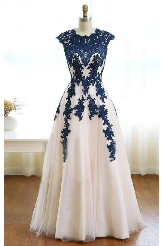 eco-friendly party dressesDark Blue Appliques Ivory Tulle Prom Dress, Floor Length Elegant Evening Dresses M1447