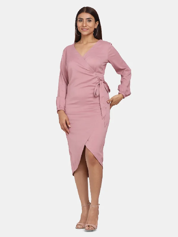 midi party dressesV-Neck Wrap Around Stretch Evening Dress - Blush Pink