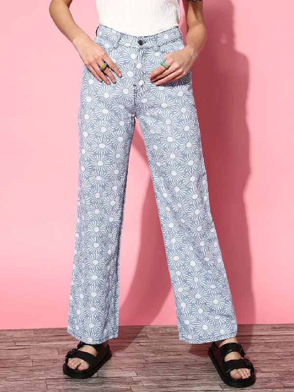 women's denim jeans with adjustable waistbandsWomen Blue Floral Print Straight Jeans