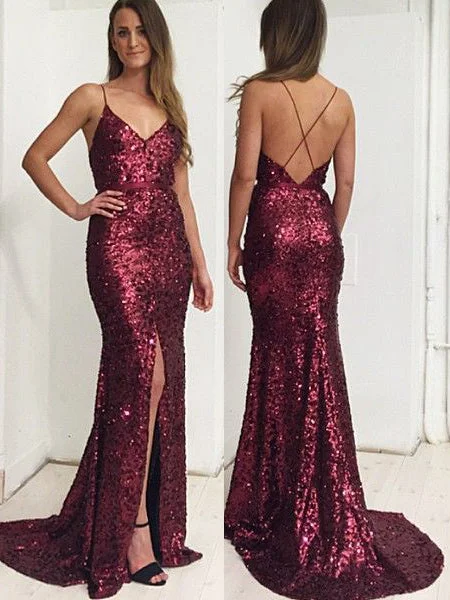 sequined party dressesSpaghetti Straps Mermaid Long Burgundy Sequin Evening Dress