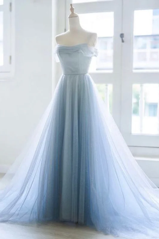 curve-hugging party dressesBlue tulle long prom dress A line evening dress M5425