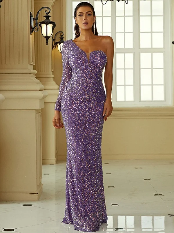 clubwear party dressesEvening Gown Sexy Dress Formal Floor Length Long Sleeve One Shoulder Polyester with Sequin